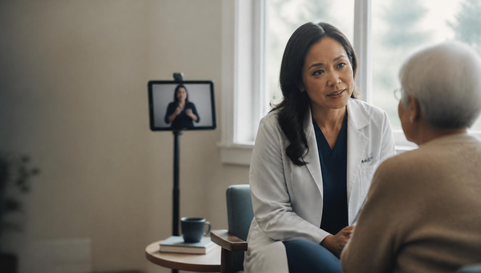 Healthcare professional using a tablet for video remote interpretation with a bilingual interpreter